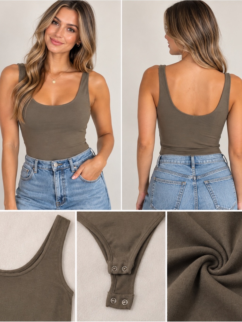 Scoop Neck Taupe Bodysuit - Minimal Stretch Tank
